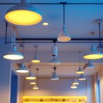 A photograph of a well-lit interior space showcasing various lighting fixtures equipped with 360 motion sensors