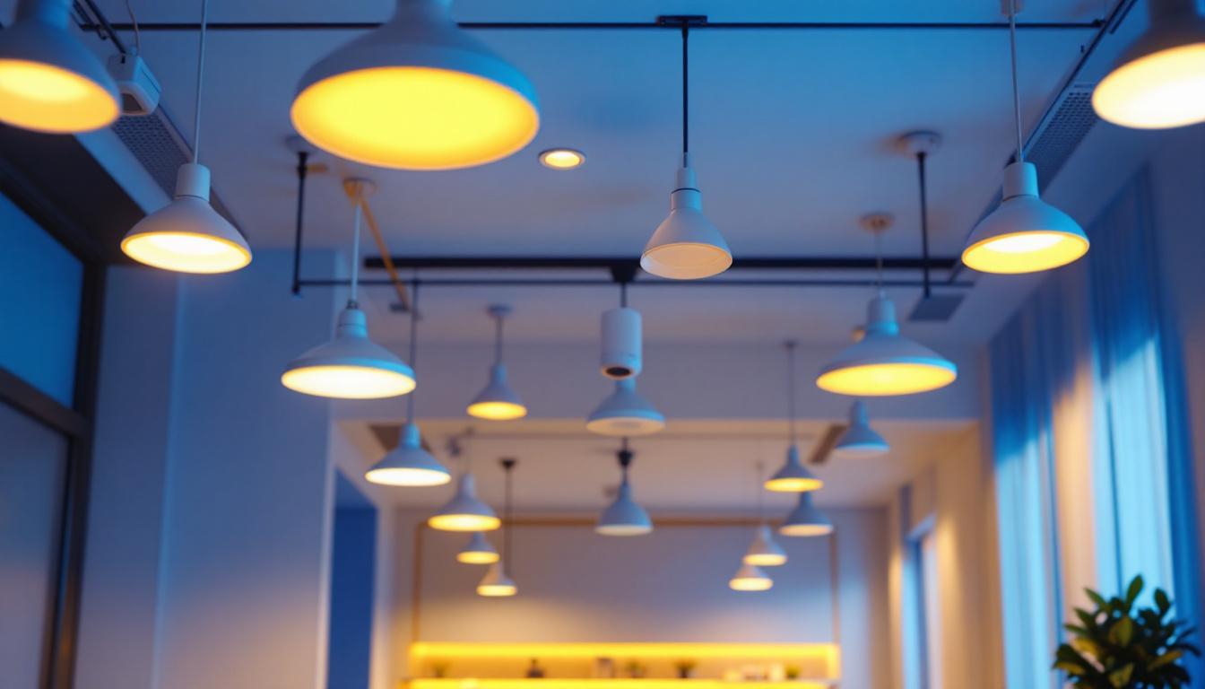 A photograph of a well-lit interior space showcasing various lighting fixtures equipped with 360 motion sensors