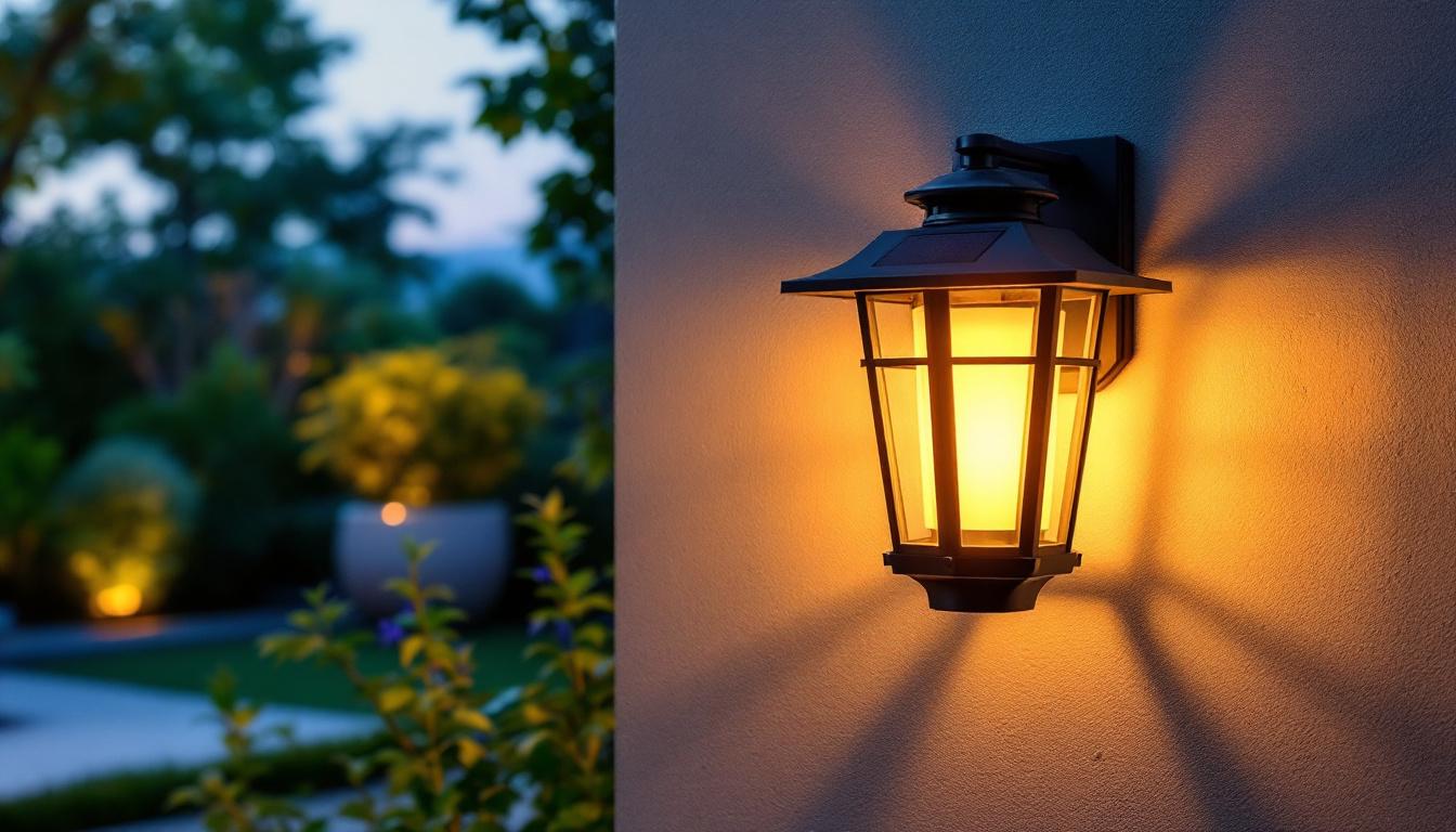A photograph of a beautifully designed solar wall lantern installed on an outdoor wall