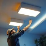 A photograph of a well-lit modern interior featuring flat led can lights installed in a stylish ceiling
