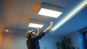 A photograph of a well-lit modern interior featuring flat led can lights installed in a stylish ceiling