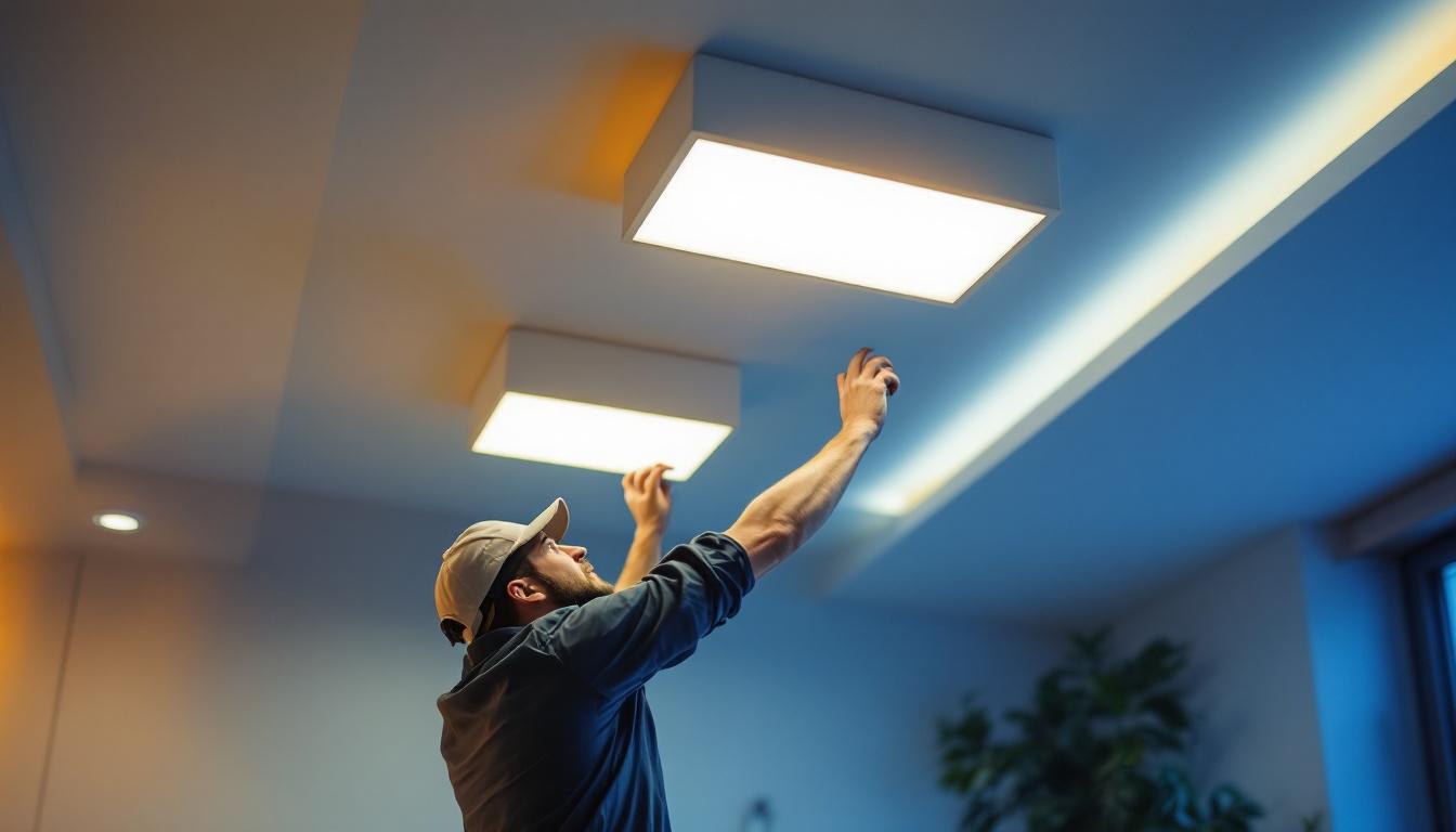A photograph of a well-lit modern interior featuring flat led can lights installed in a stylish ceiling