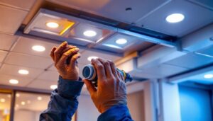 A photograph of a well-designed recessed lighting installation in a drop ceiling
