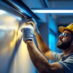 A photograph of a skilled lighting contractor expertly installing or adjusting trough lighting in a modern interior space