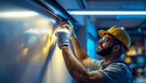 A photograph of a skilled lighting contractor expertly installing or adjusting trough lighting in a modern interior space