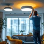 A photograph of a lighting contractor installing surface mount led ceiling lights in a modern interior