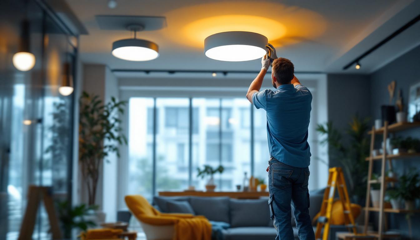 A photograph of a lighting contractor installing surface mount led ceiling lights in a modern interior