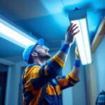 A photograph of a lighting contractor skillfully replacing a fluorescent light fixture with a modern led fixture in a commercial or residential setting