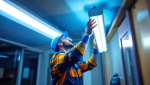 A photograph of a lighting contractor skillfully replacing a fluorescent light fixture with a modern led fixture in a commercial or residential setting