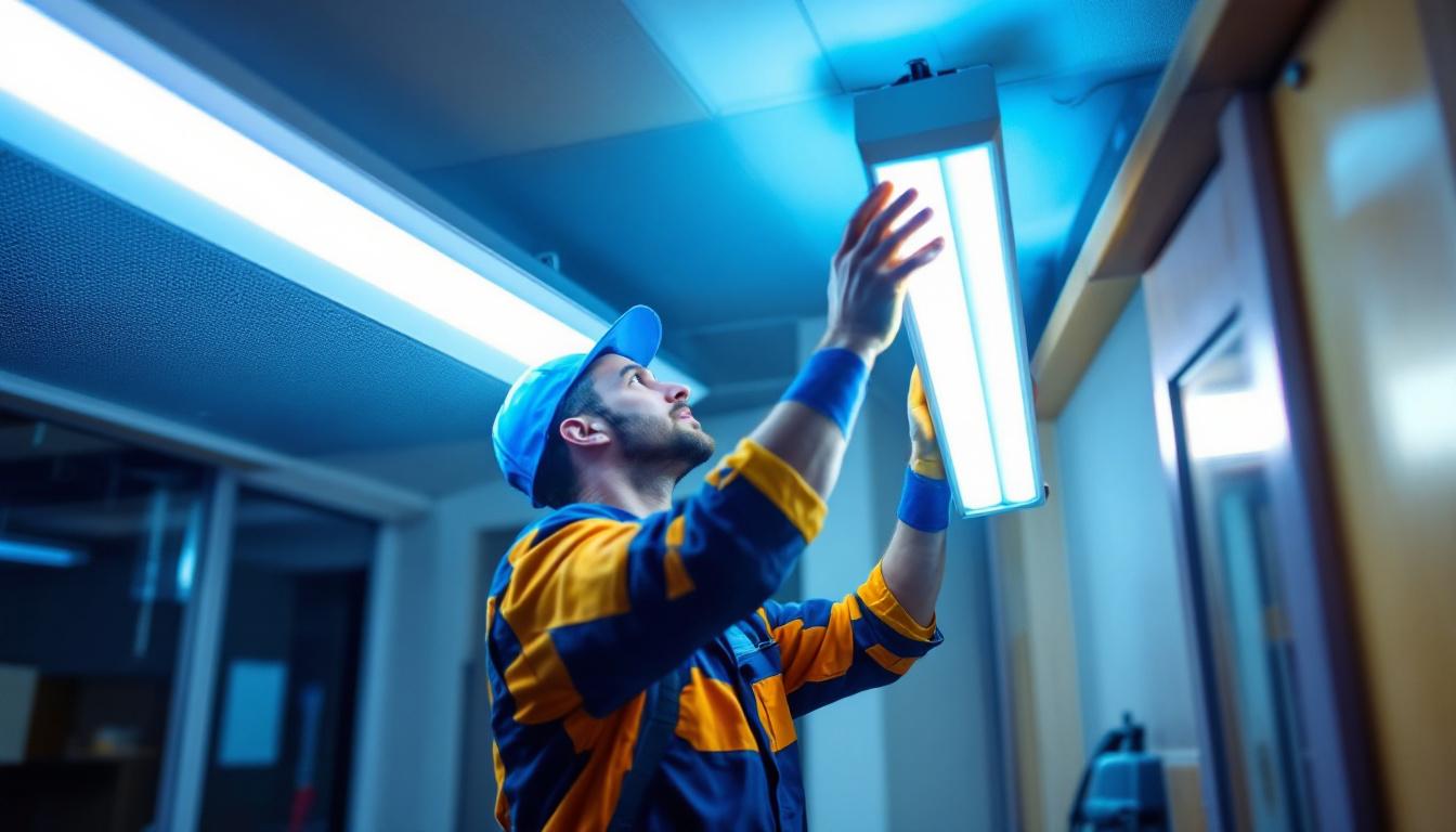 A photograph of a lighting contractor skillfully replacing a fluorescent light fixture with a modern led fixture in a commercial or residential setting