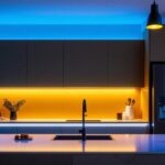 A photograph of a beautifully designed kitchen featuring sleek led lighting installed under the cabinets