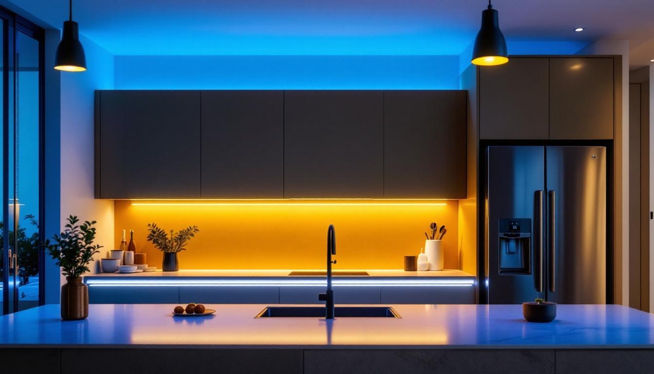 A photograph of a beautifully designed kitchen featuring sleek led lighting installed under the cabinets