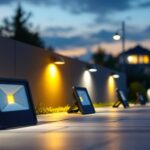 A photograph of a well-lit outdoor scene featuring a variety of flood light housings installed on different surfaces