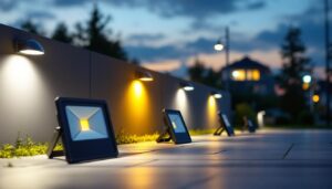 A photograph of a well-lit outdoor scene featuring a variety of flood light housings installed on different surfaces