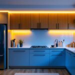 A photograph of a beautifully lit kitchen showcasing led light strips installed under the cabinets