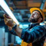 A photograph of a skilled lighting contractor expertly installing or showcasing t5 led bulbs in a modern workspace