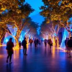 A photograph of a dynamic lighting installation in an outdoor setting