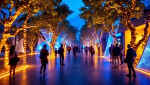 A photograph of a dynamic lighting installation in an outdoor setting
