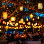 A photograph of a beautifully illuminated outdoor space featuring various styles of hanging lantern lights