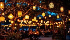 A photograph of a beautifully illuminated outdoor space featuring various styles of hanging lantern lights
