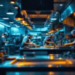 A photograph of a well-lit commercial kitchen featuring bright