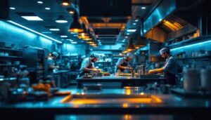 A photograph of a well-lit commercial kitchen featuring bright