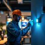 A photograph of a lighting contractor installing or adjusting an occupancy sensor and a motion sensor in a modern workspace