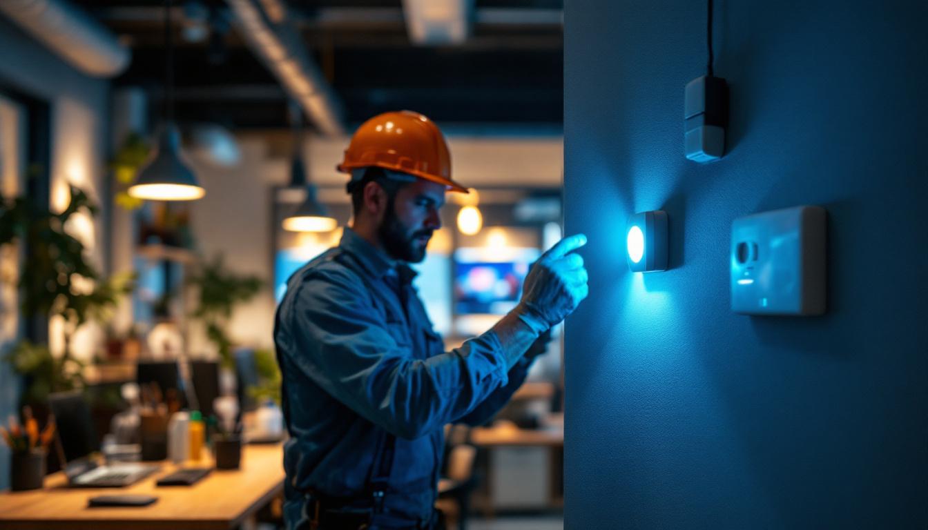 A photograph of a lighting contractor installing or adjusting an occupancy sensor and a motion sensor in a modern workspace