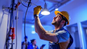 A photograph of a lighting contractor expertly installing a light fixture