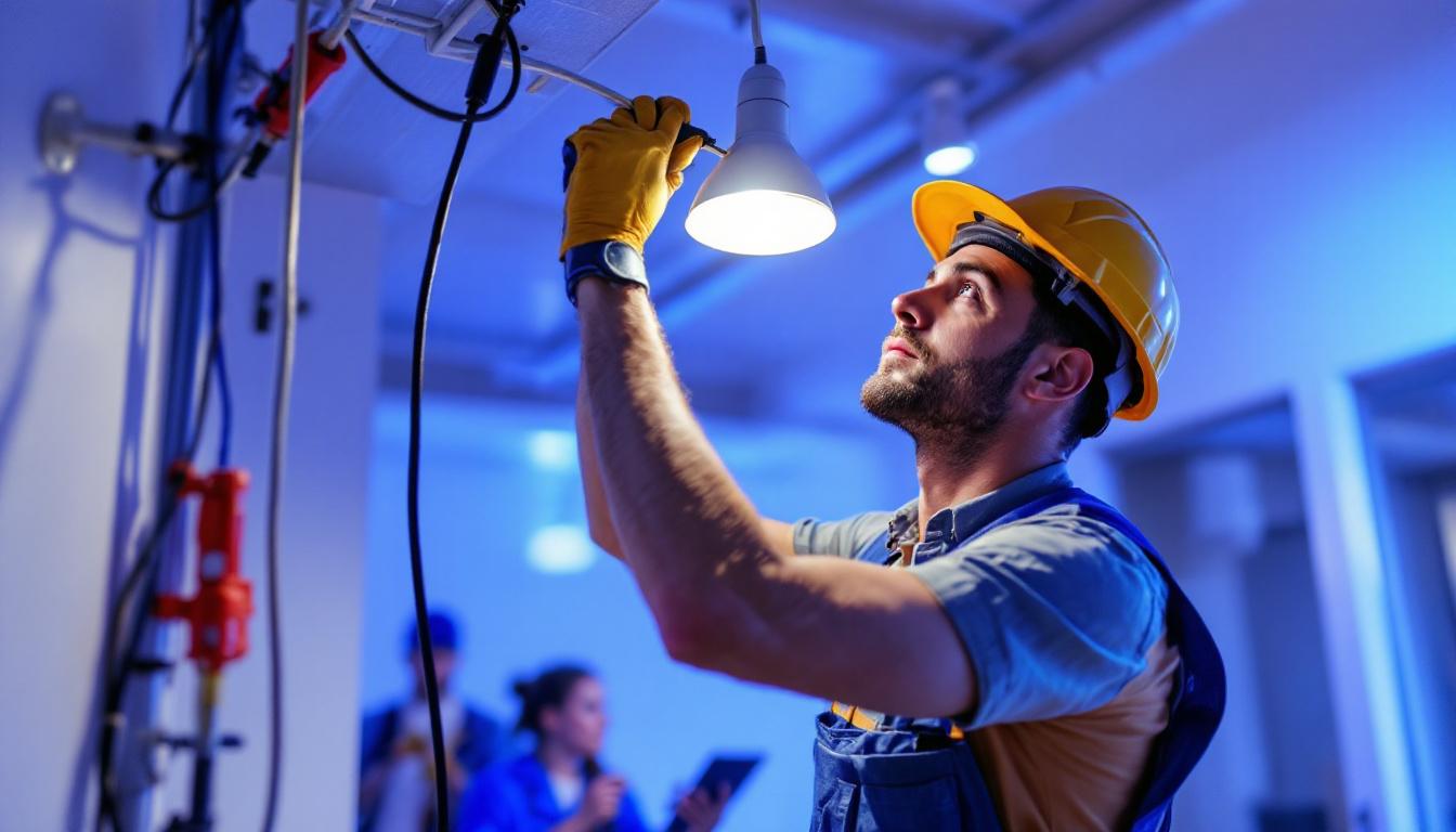 A photograph of a lighting contractor expertly installing a light fixture