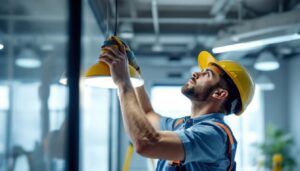 A photograph of a lighting contractor expertly installing a surface mount fixture in a modern