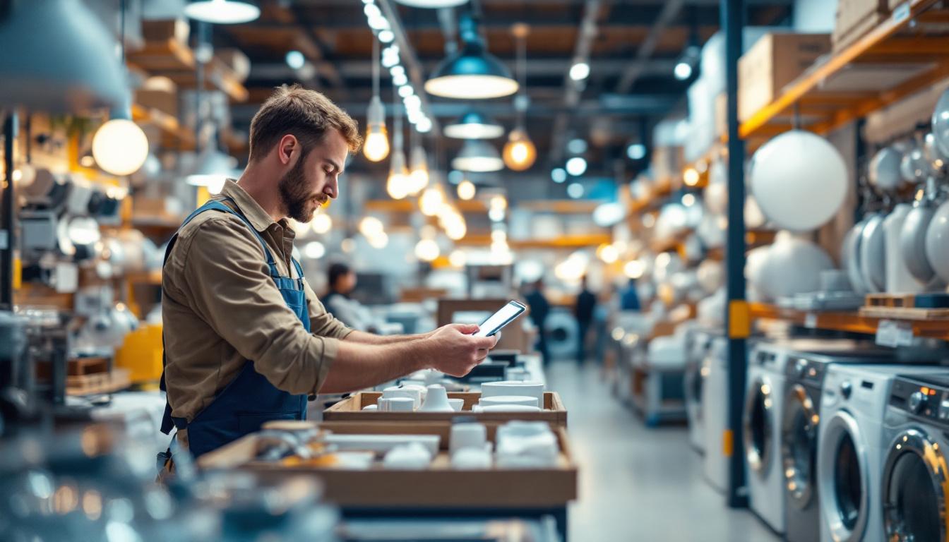 A photograph of a lighting contractor efficiently organizing and selecting various lighting fixtures and accessories in a well-lit
