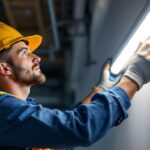 A photograph of a skilled lighting contractor expertly installing a fluorescent tube light in a commercial or residential setting