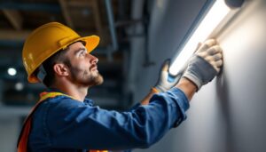 A photograph of a skilled lighting contractor expertly installing a fluorescent tube light in a commercial or residential setting