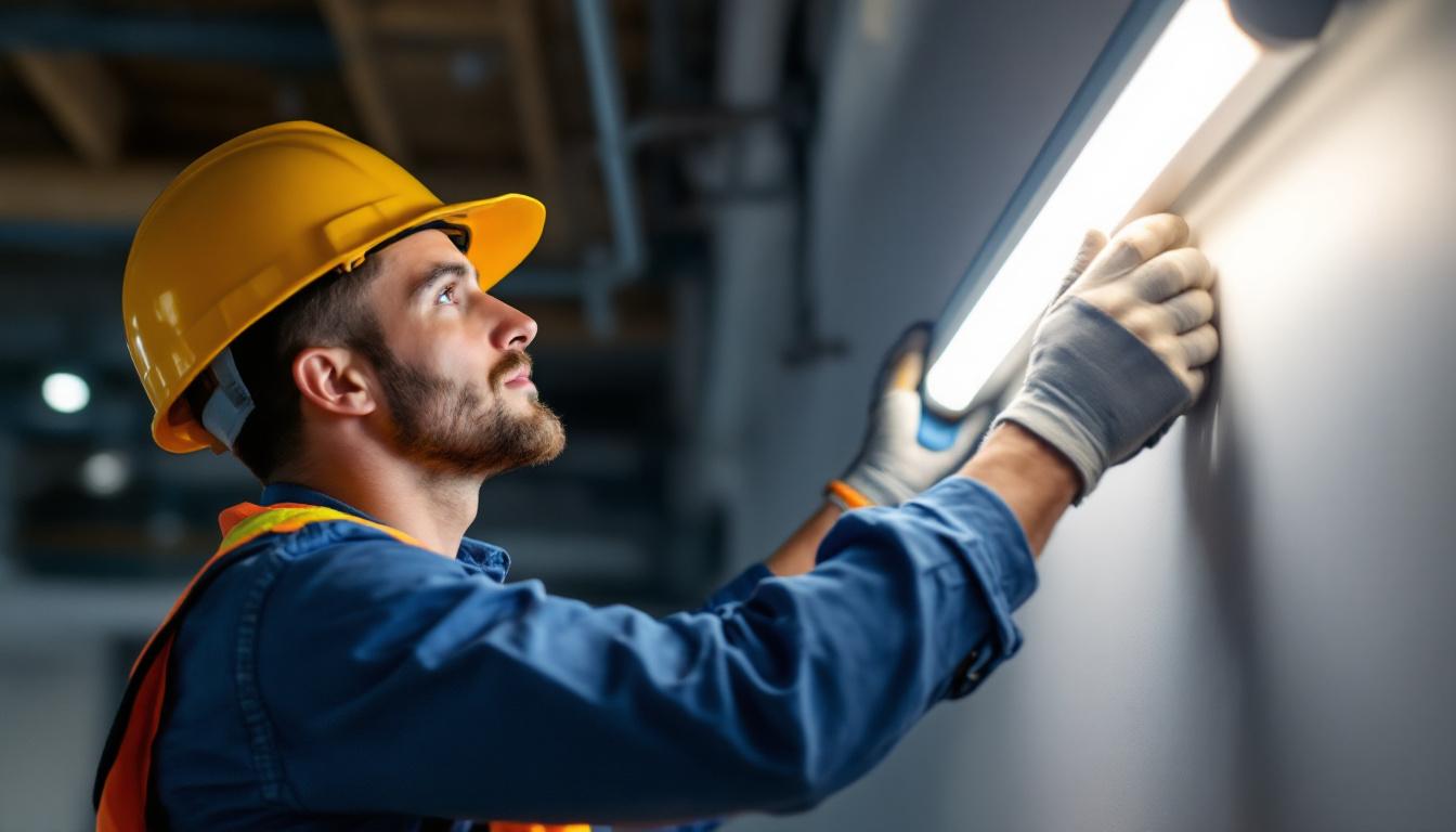 A photograph of a skilled lighting contractor expertly installing a fluorescent tube light in a commercial or residential setting