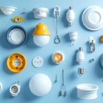 A photograph of a well-arranged display of various ceiling light fixture components
