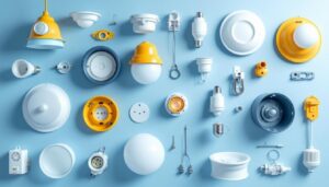 A photograph of a well-arranged display of various ceiling light fixture components