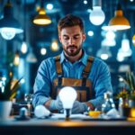 A photograph of a skilled lighting contractor at work