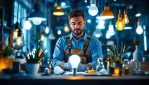 A photograph of a skilled lighting contractor at work