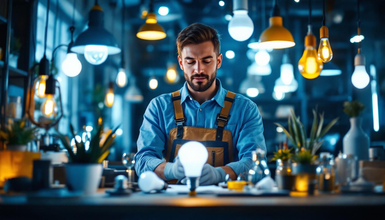 A photograph of a skilled lighting contractor at work