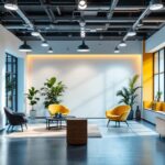 A photograph of a modern office space featuring innovative lighting solutions