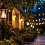 A photograph of a beautifully illuminated outdoor space featuring various led lantern lights