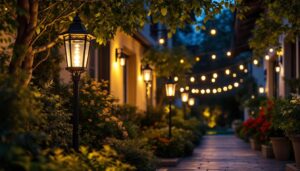 A photograph of a beautifully illuminated outdoor space featuring various led lantern lights