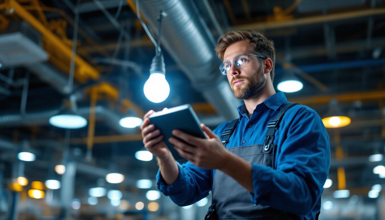 A photograph of a lighting contractor inspecting or installing a lamp ballast in a commercial setting