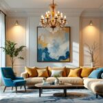 A photograph of a beautifully designed living room featuring an elegant chandelier as the focal point