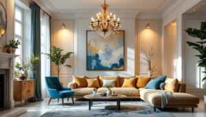 A photograph of a beautifully designed living room featuring an elegant chandelier as the focal point