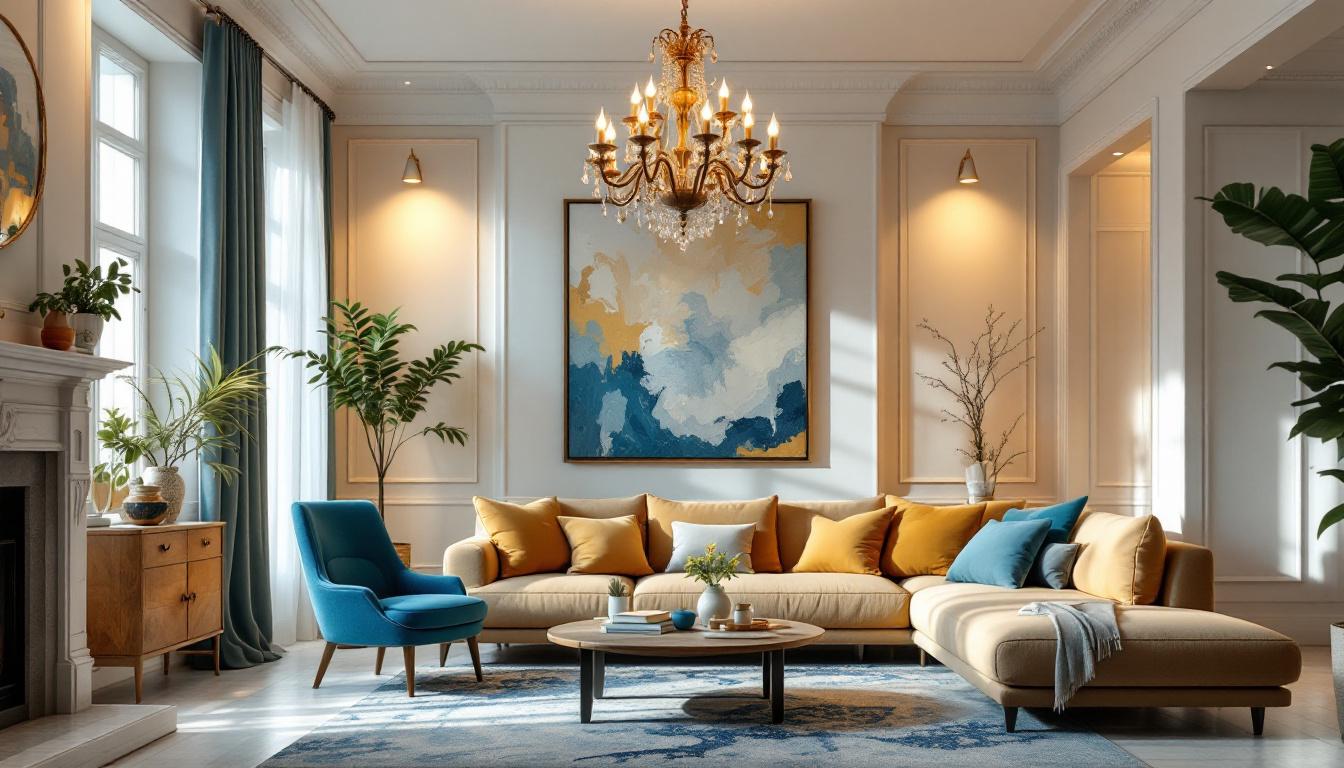A photograph of a beautifully designed living room featuring an elegant chandelier as the focal point
