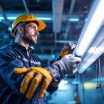 A photograph of a lighting contractor skillfully installing direct-wired led tubes in a commercial setting