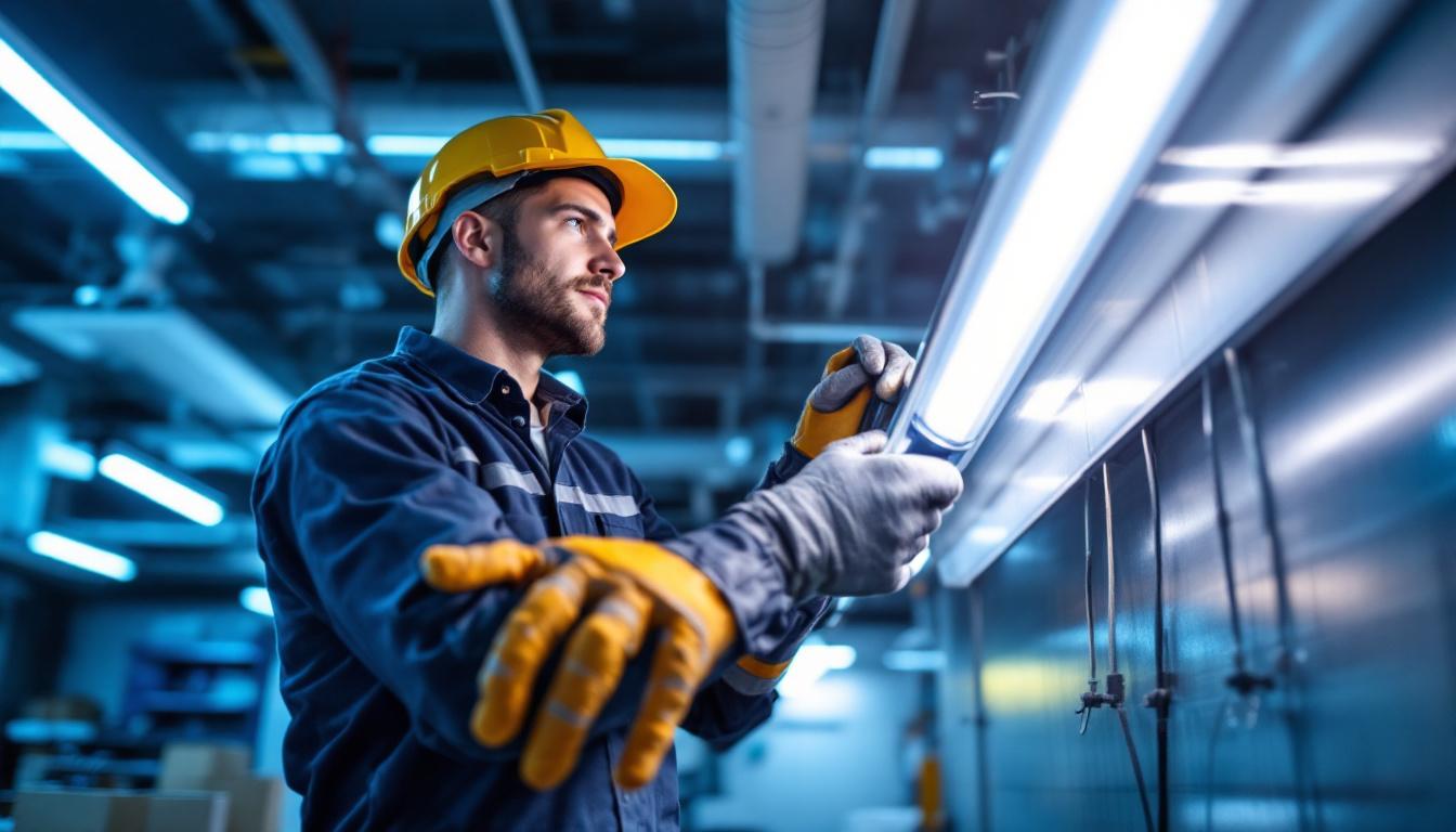 A photograph of a lighting contractor skillfully installing direct-wired led tubes in a commercial setting