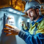 A photograph of a lighting contractor installing or inspecting a gang box cover in a well-lit workspace